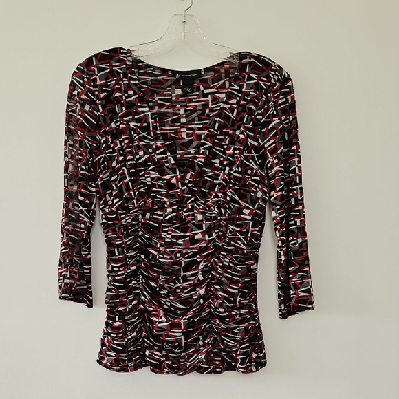 INC International Concepts Tops - Y2K Geometric Print‎ Mesh Top Ruched Bodice Babydoll Size Large